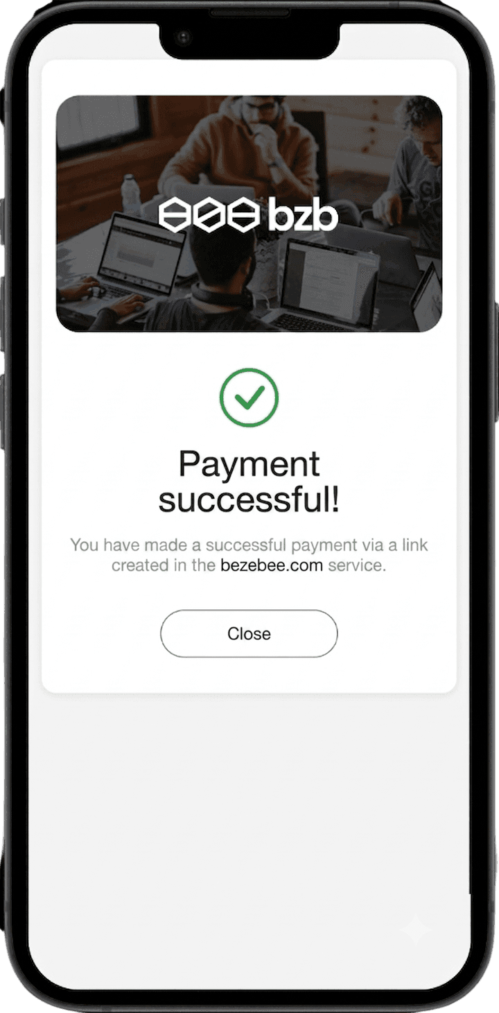 BZB mobile app screenshot showing successful payment confirmation